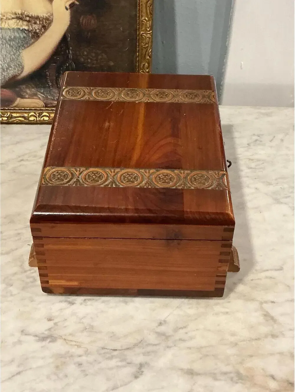 Vintage Footed Cedar Jewelry Box Keepsake Chest with Brass Latch & Carved Feet